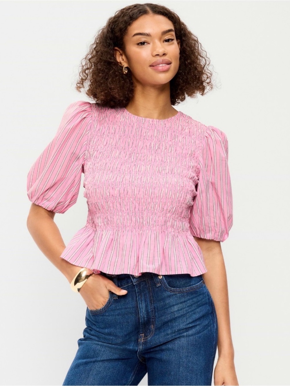 Old Navy Pink Striped Smocked Peplum Puff Sleeve Top
